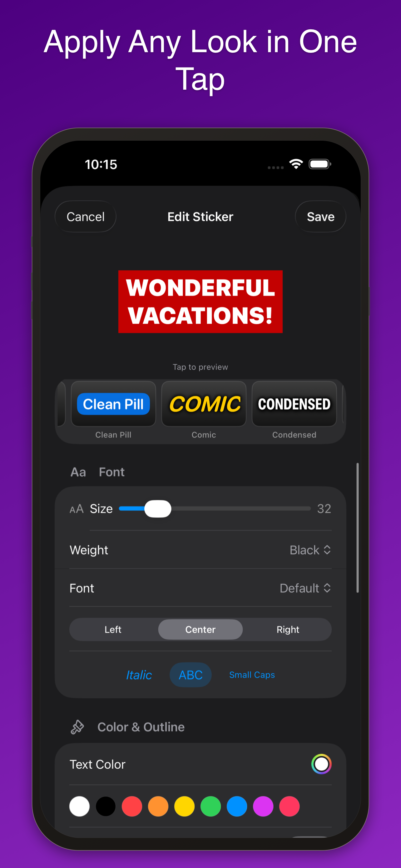38 style presets — apply any look in one tap