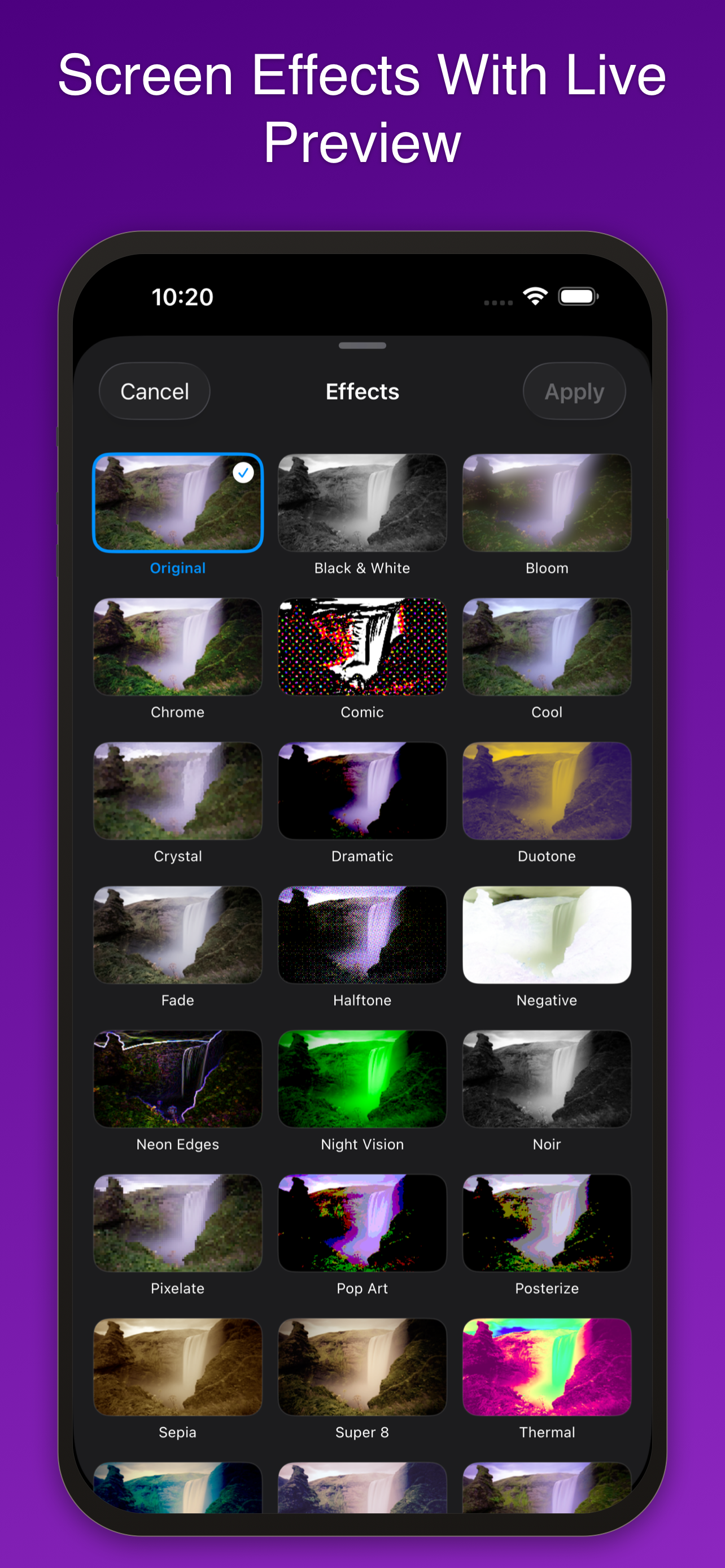 25 screen effects with live preview