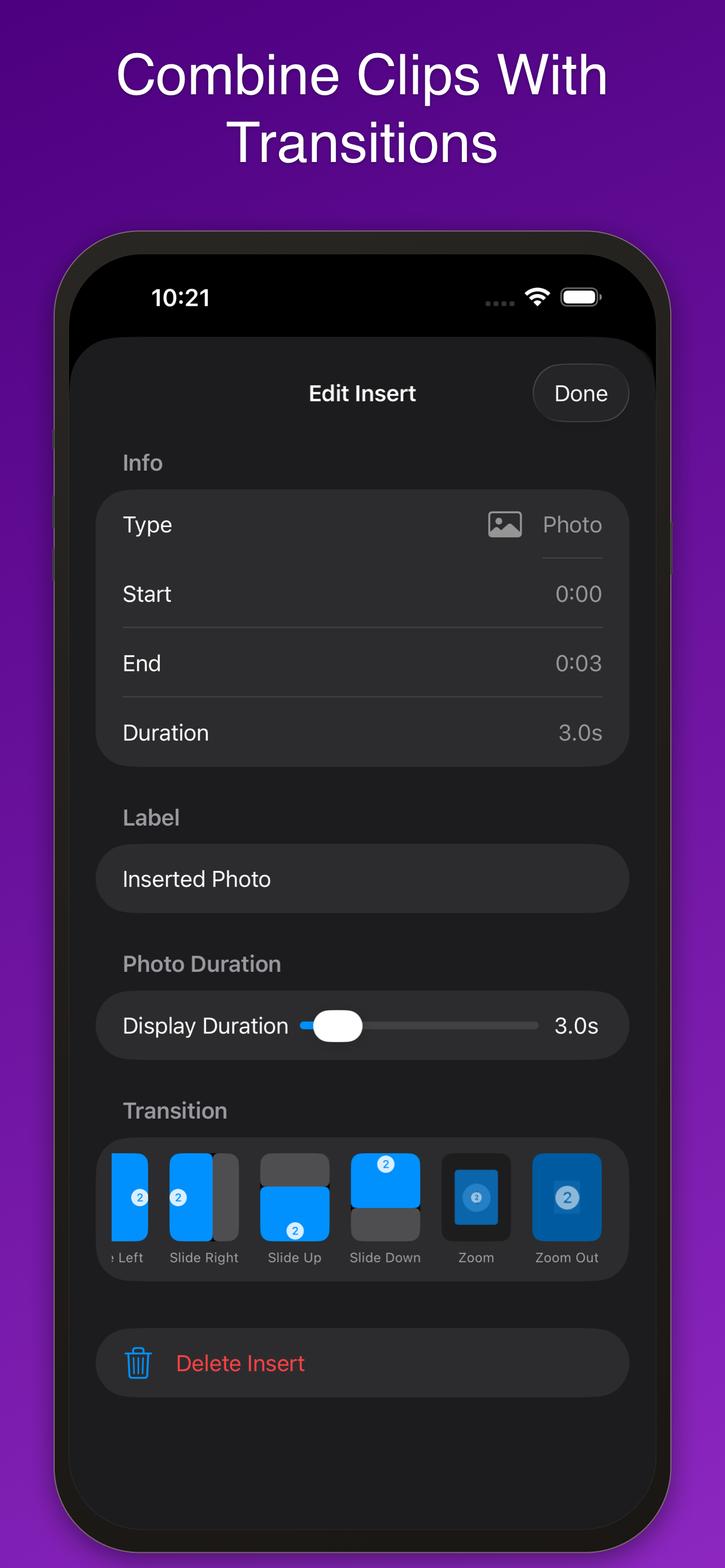 Combine clips with 11 transitions
