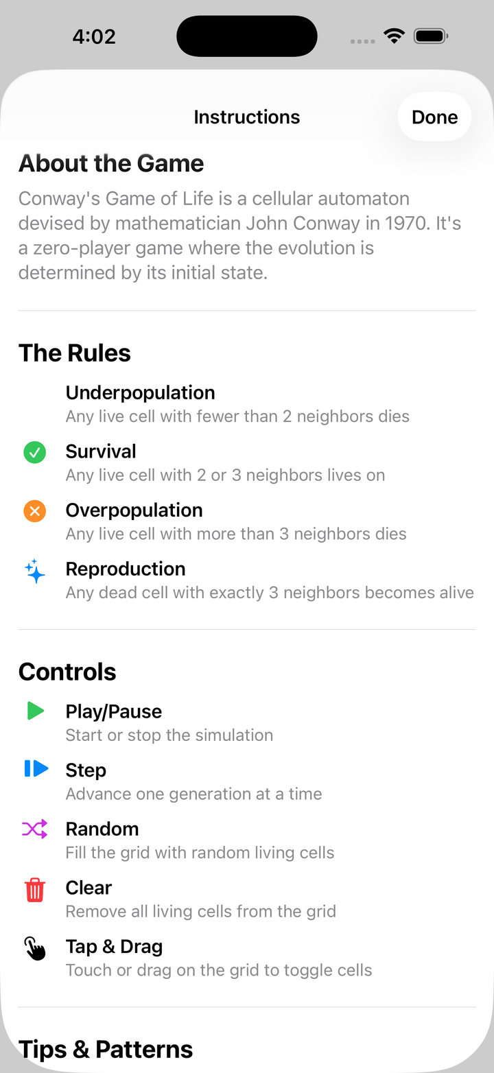 Game of Life controls and grid customization on iPhone