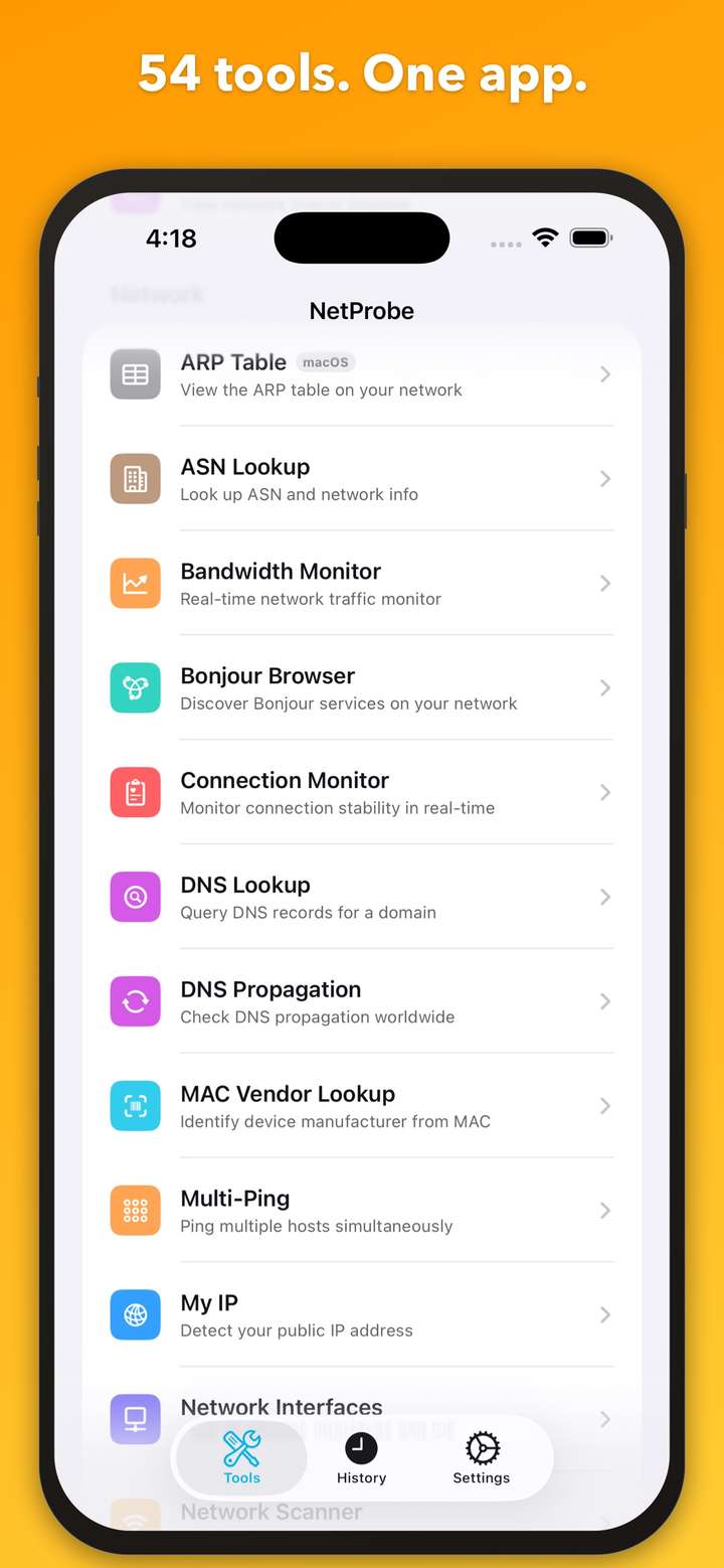NetProbe home grid showing 54 tools on iPhone