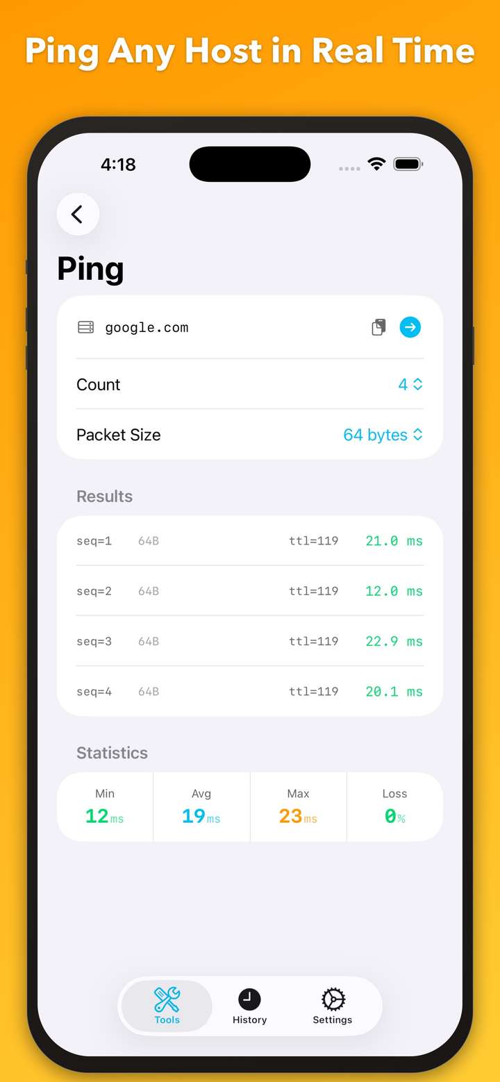 NetProbe Ping tool with real-time latency results