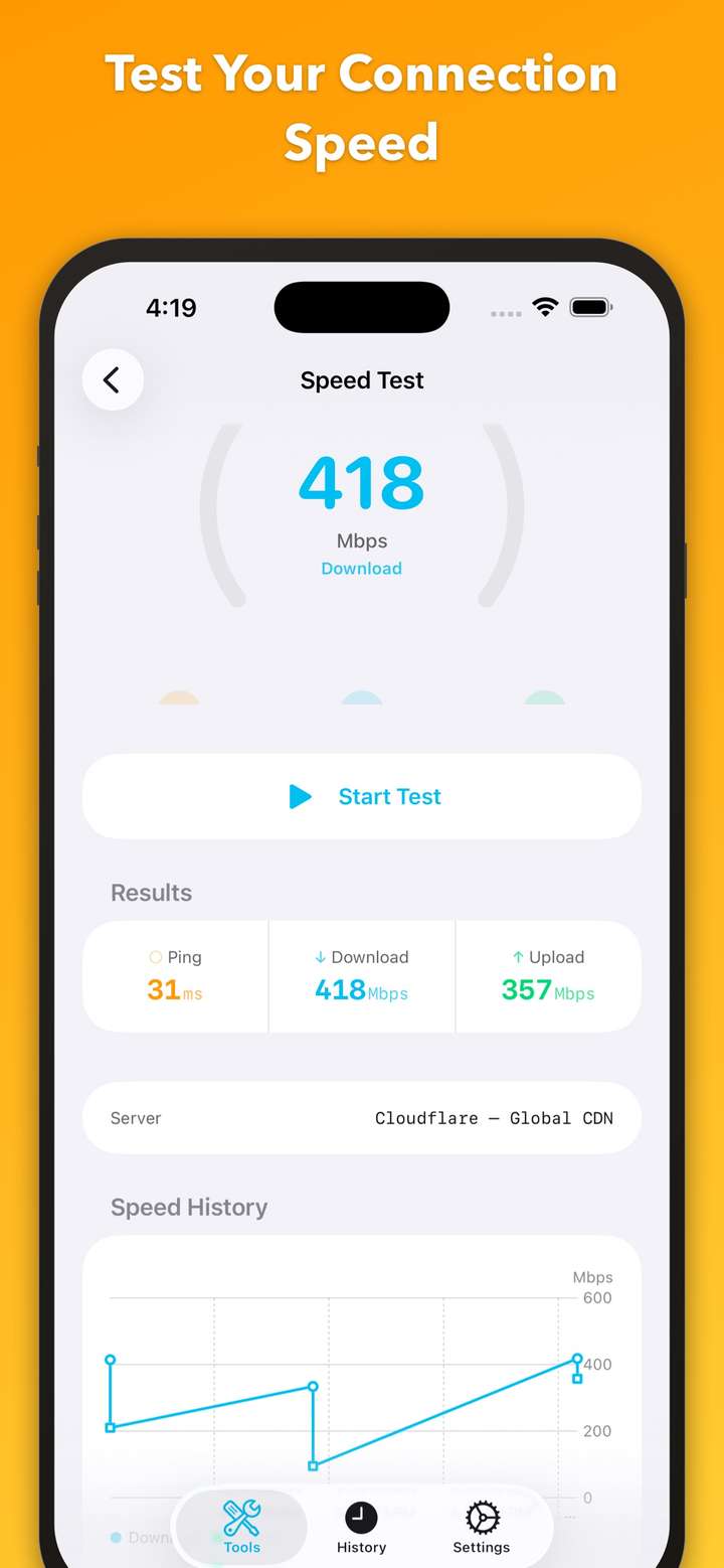 NetProbe Speed Test showing download and upload measurements