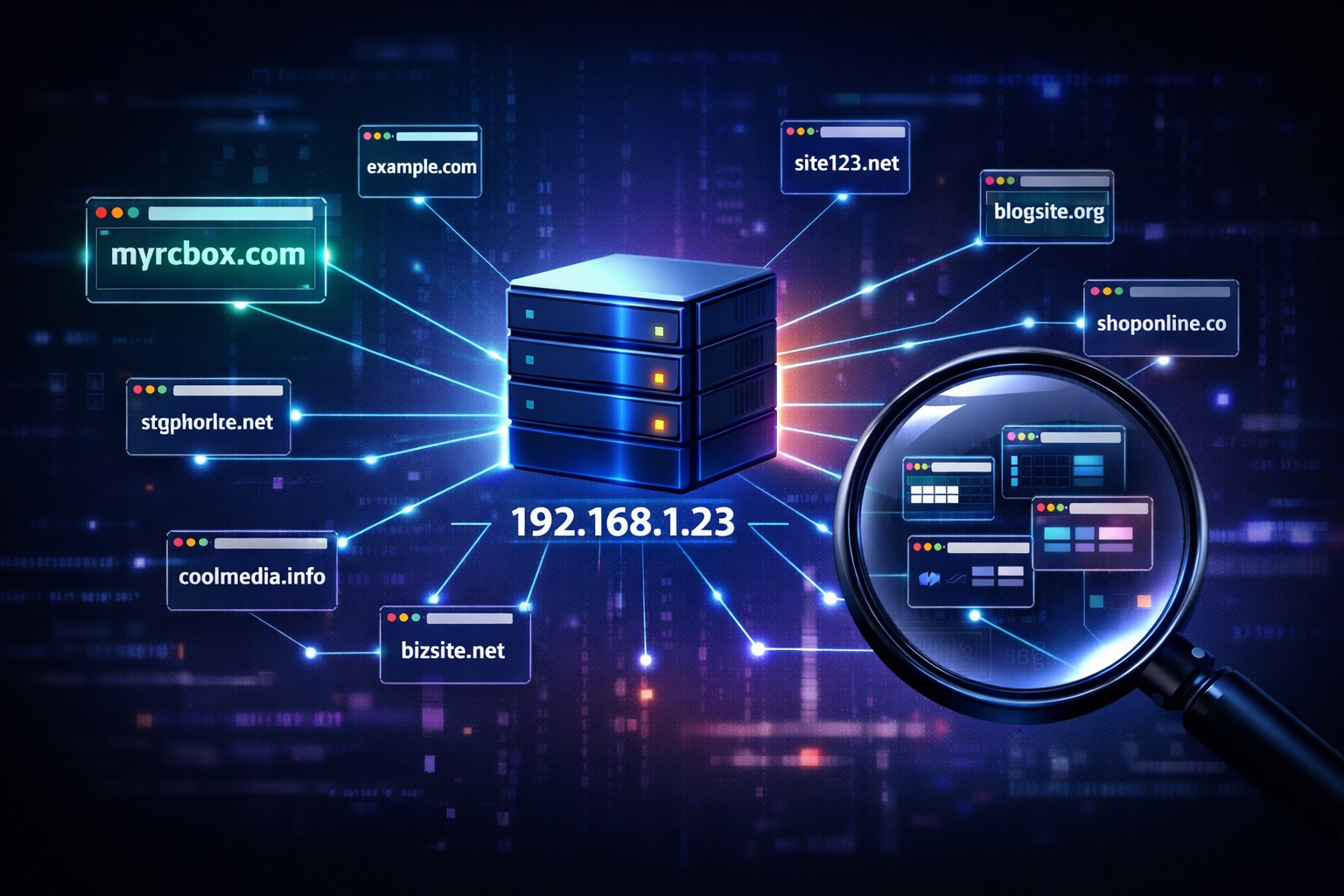 Glowing servers illustration accompanying the reverse IP lookup article