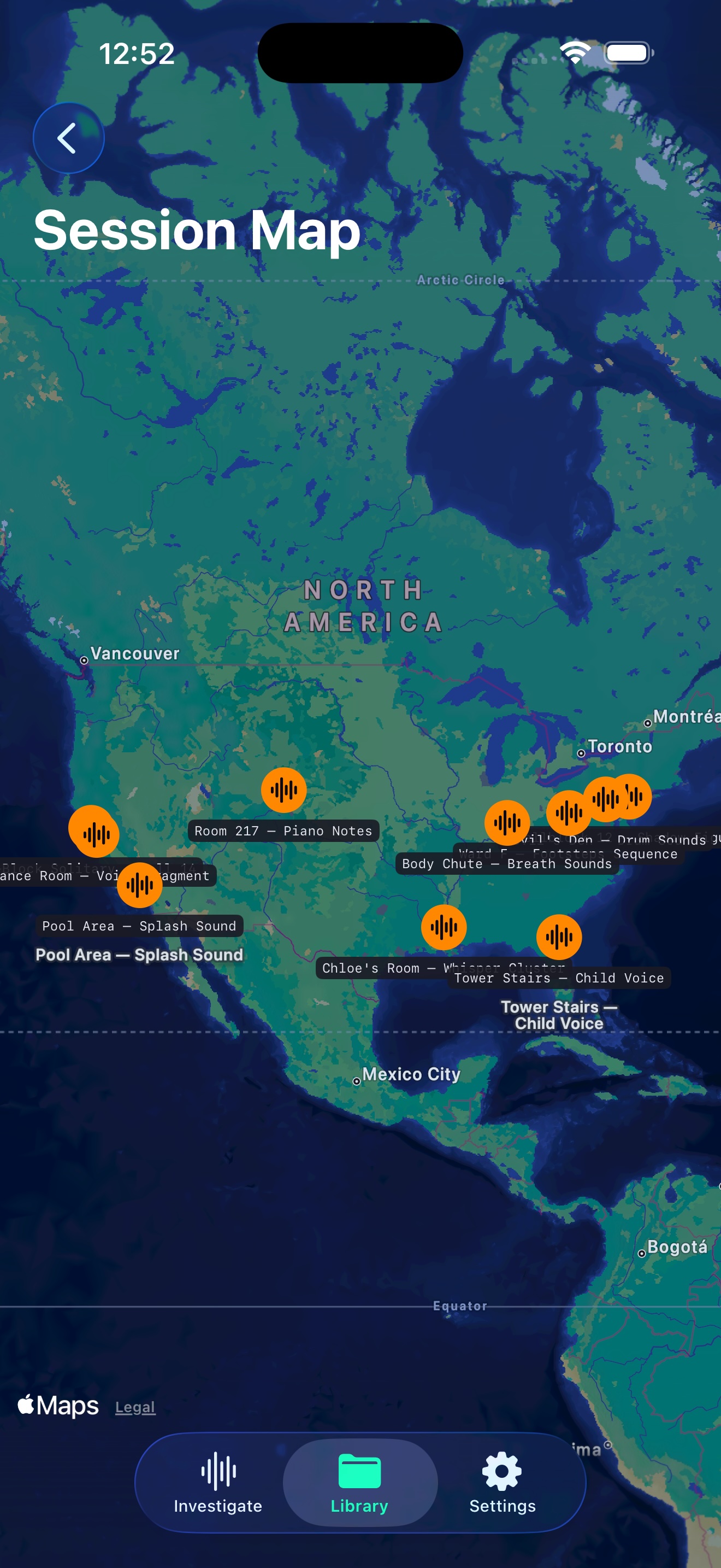 EVP Ghost Signal investigation map with geotagged pins