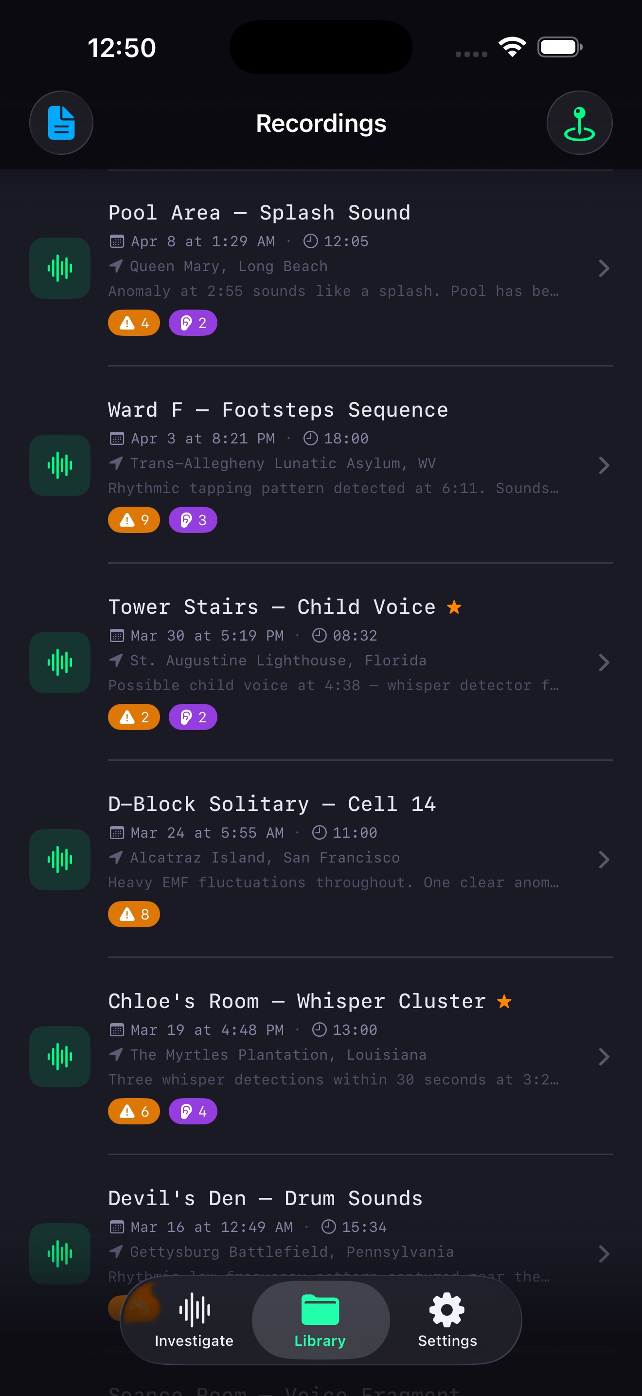 Searchable investigation session library