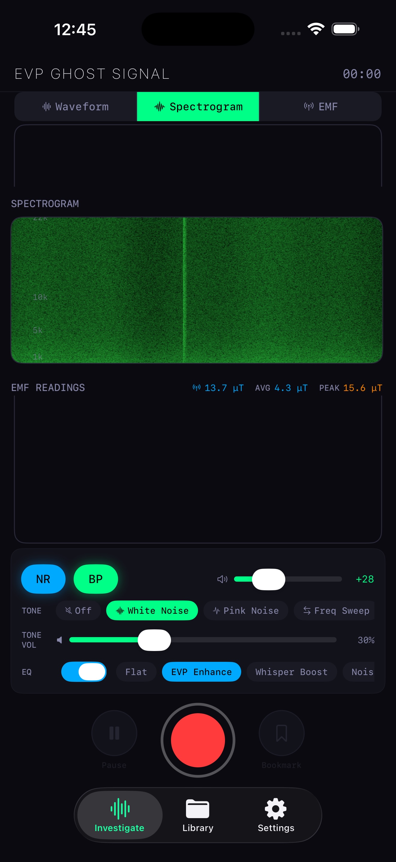 Real-time spectrogram analysis screen