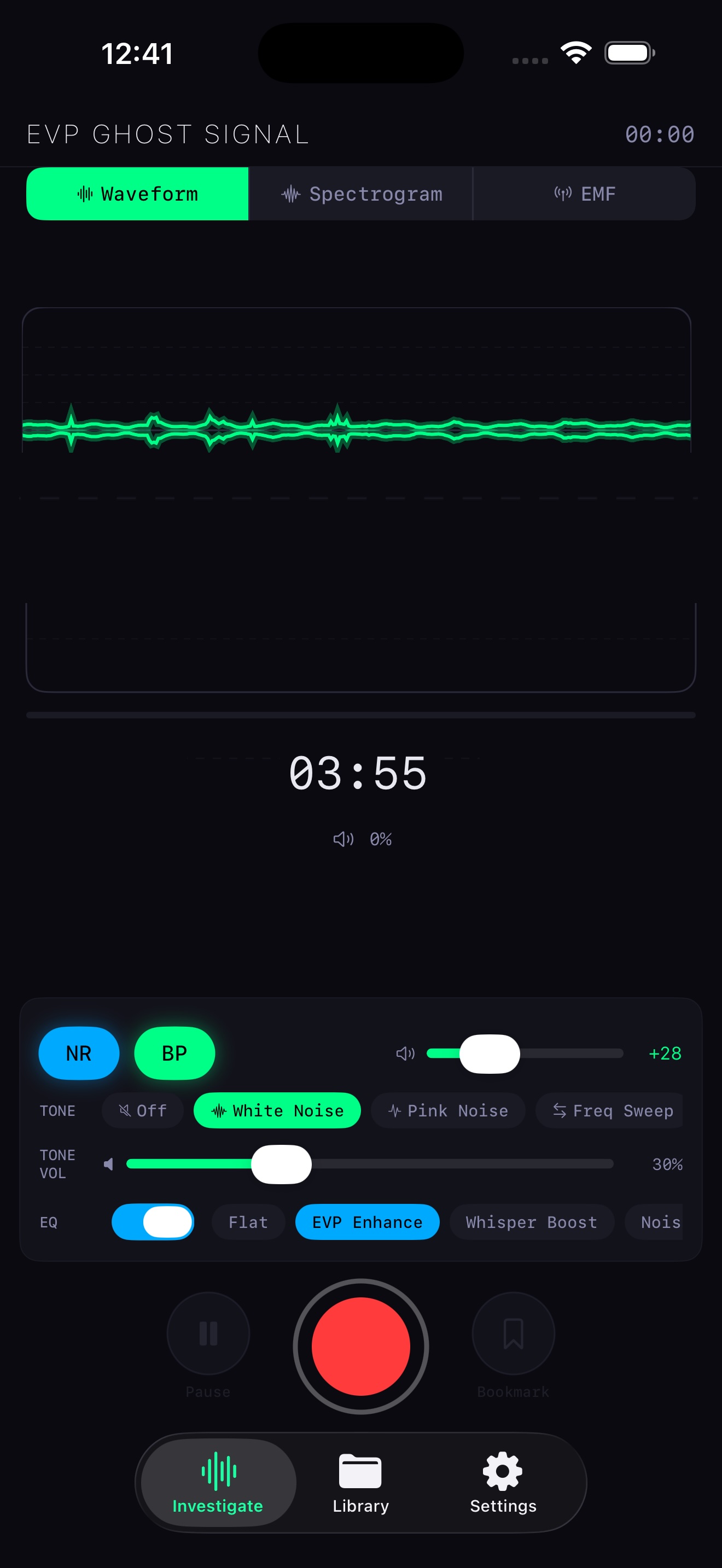 Live waveform recording screen