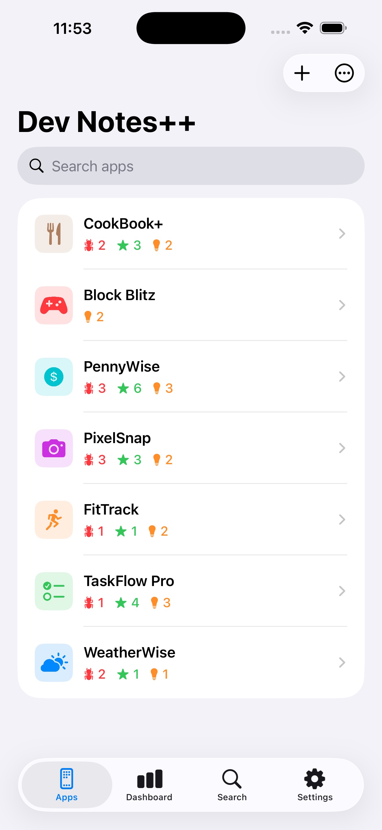 Dev Notes++ apps list view on iPhone — overview of tracked apps with badges for bugs, features and ideas