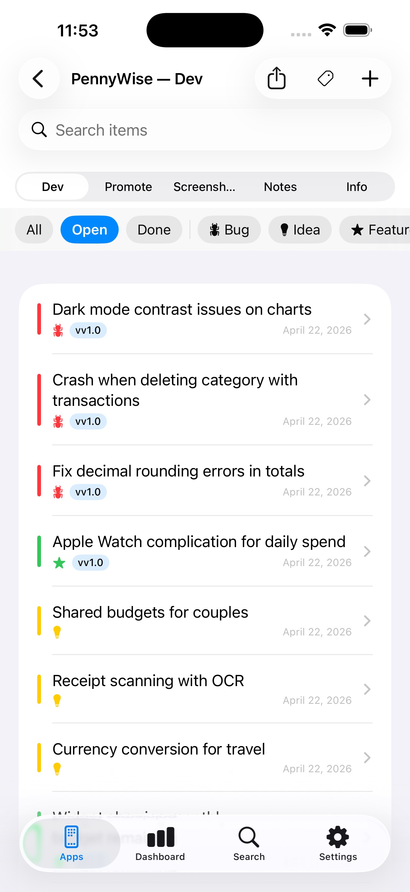 Dev Notes++ dev items tracker on iPhone — filterable list of bugs and features with version tags