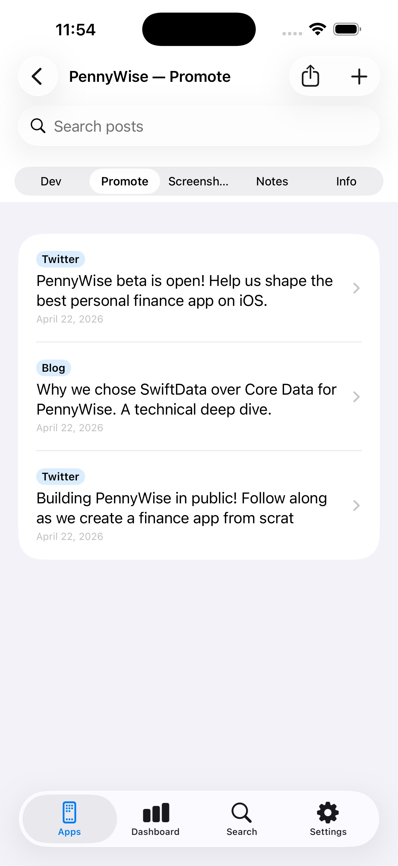 Dev Notes++ dashboard on iPhone — completion ring, 7-day activity chart and per-app stats